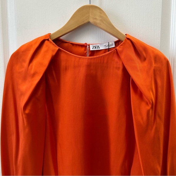 Zara Women's Orange Puff Sleeve Blouse Diamanté Button Satin Top Size Small NWT - Picture 9 of 16